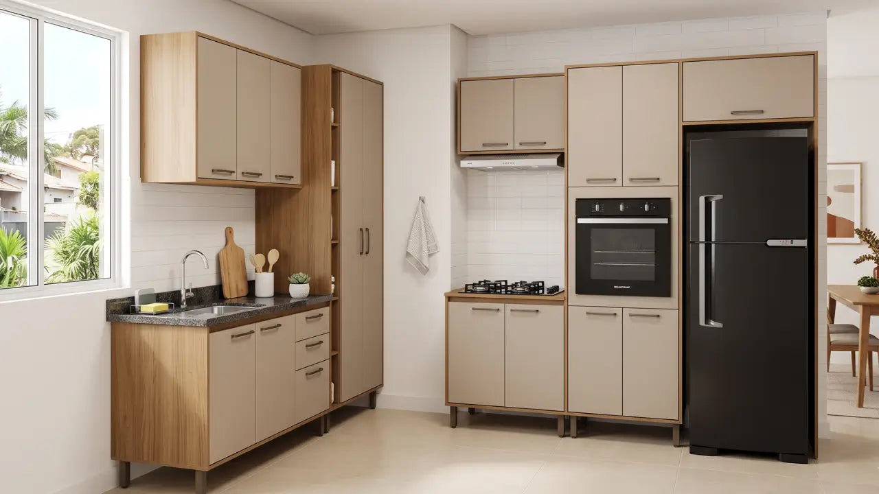 uma cozinha modulada bem arrumada com forno embutido, cocktop e geladeira.