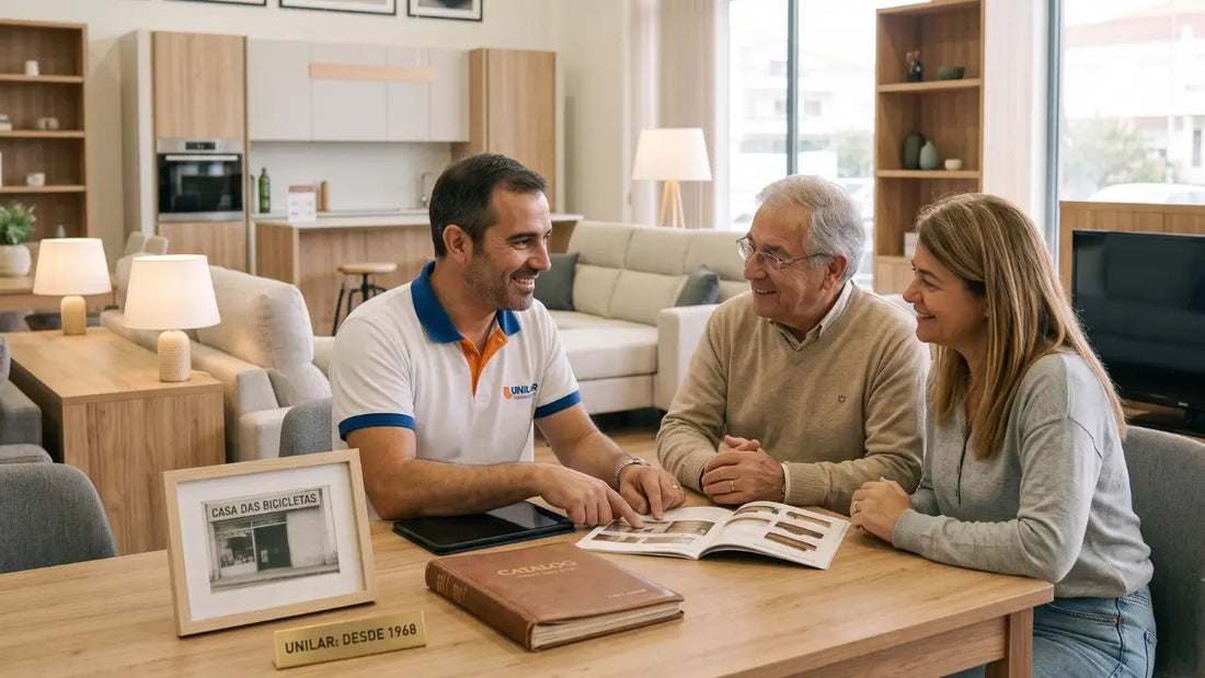colaborador mostrando para clientes que a loja unilar é confiável