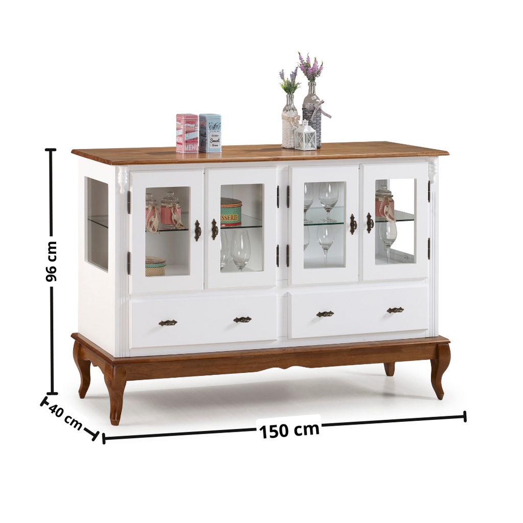 Cristaleira Baixa Rústica Linz 150x96cm 4 Portas 2 Gavetas Branco e Imbuia