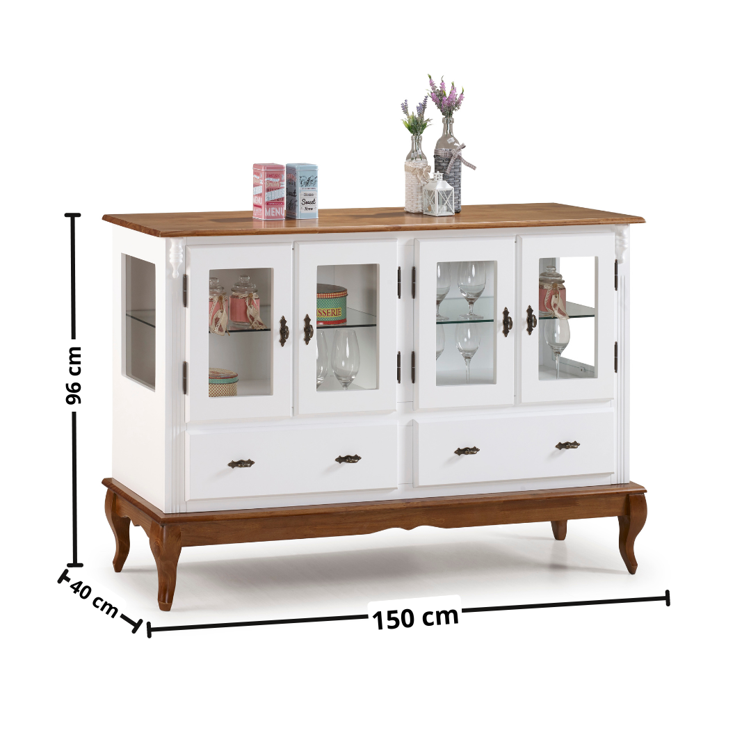 Cristaleira Baixa Rústica Linz 150x96cm 4 Portas 2 Gavetas Branco e Imbuia