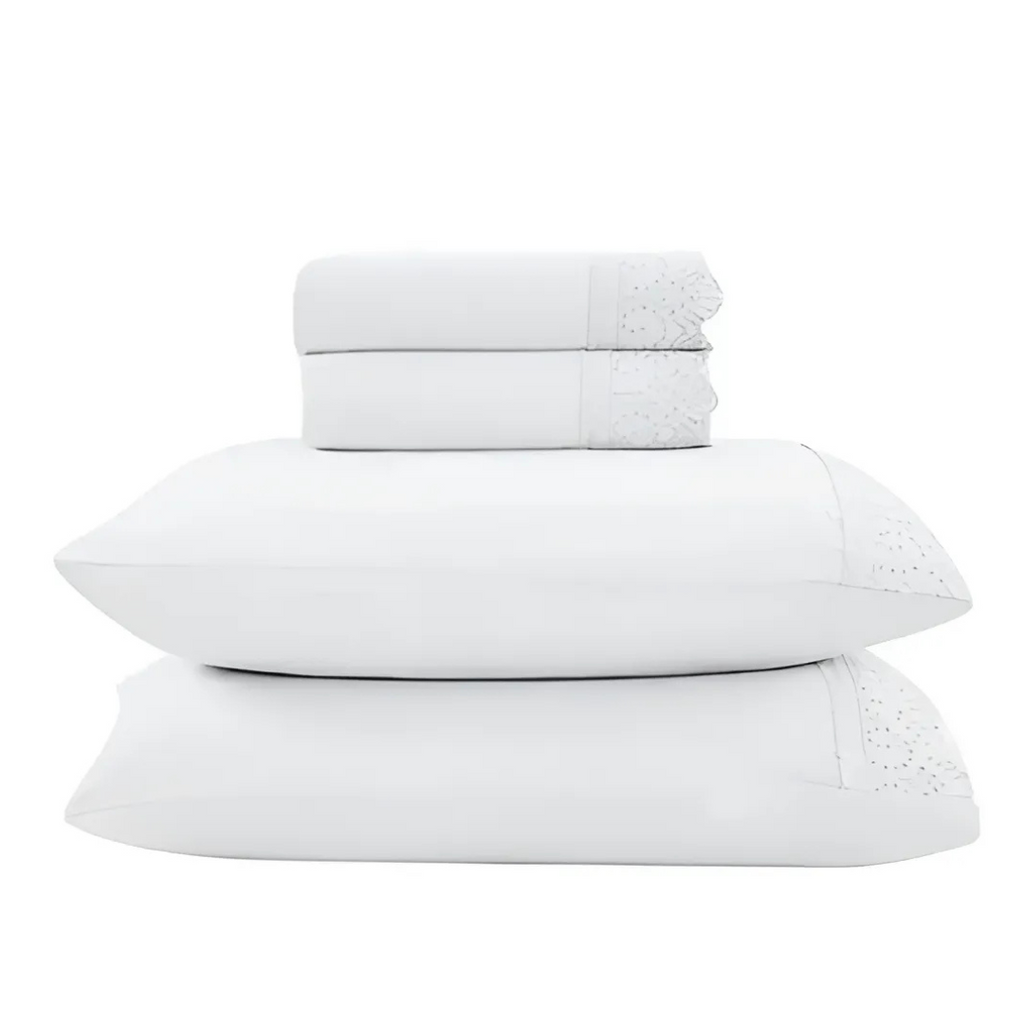 Jogo de Roupa de Cama Queen 4 Peças Hedrons Rendas Toque de Algodão  Branco