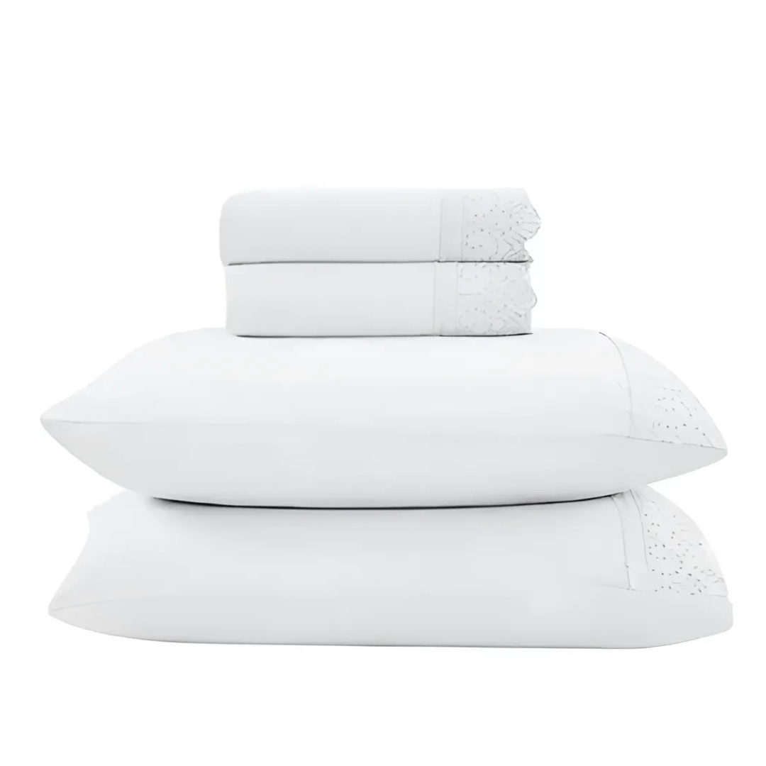 Jogo de Roupa de Cama Queen 4 Peças Hedrons Rendas Toque de Algodão  Branco