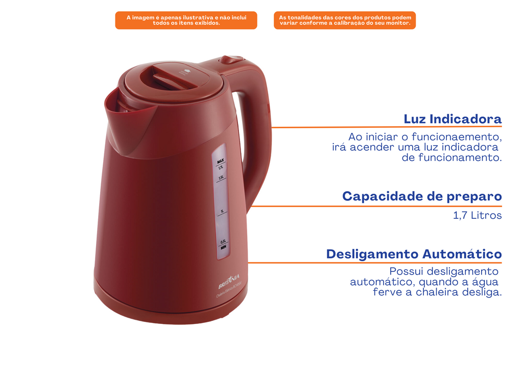 Chaleira Elétrica Britânia 1,7L BCH06V Vermelho 220V