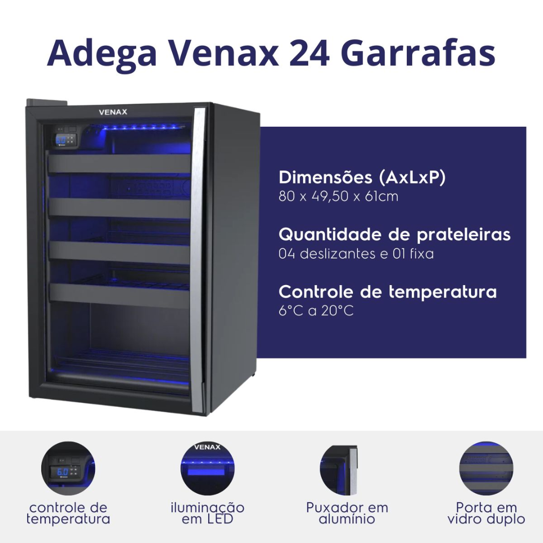 Conjunto Venax Cervejeira 102L Blue Ligth + Adega 24 Garrafas Piubella Porta Invertida Preto Fosco 220V
