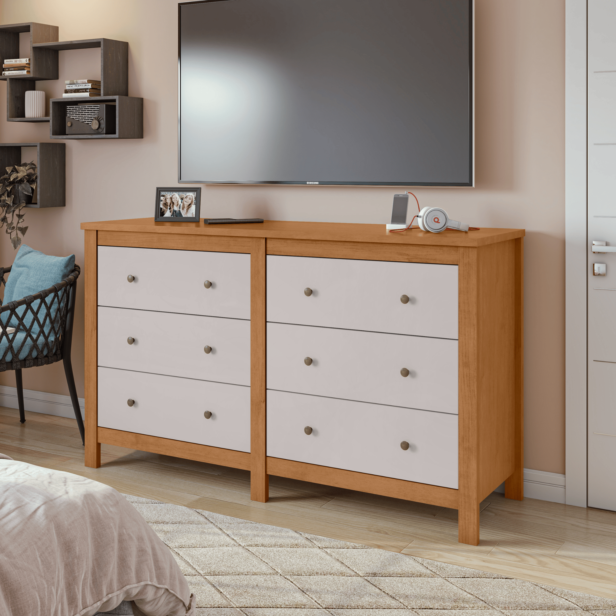 Cômoda Maggiore Lopas 6 Gavetas 162cm Amêndoa e Off White