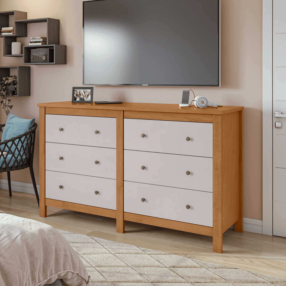Cômoda Maggiore Lopas 6 Gavetas 162cm Amêndoa e Off White