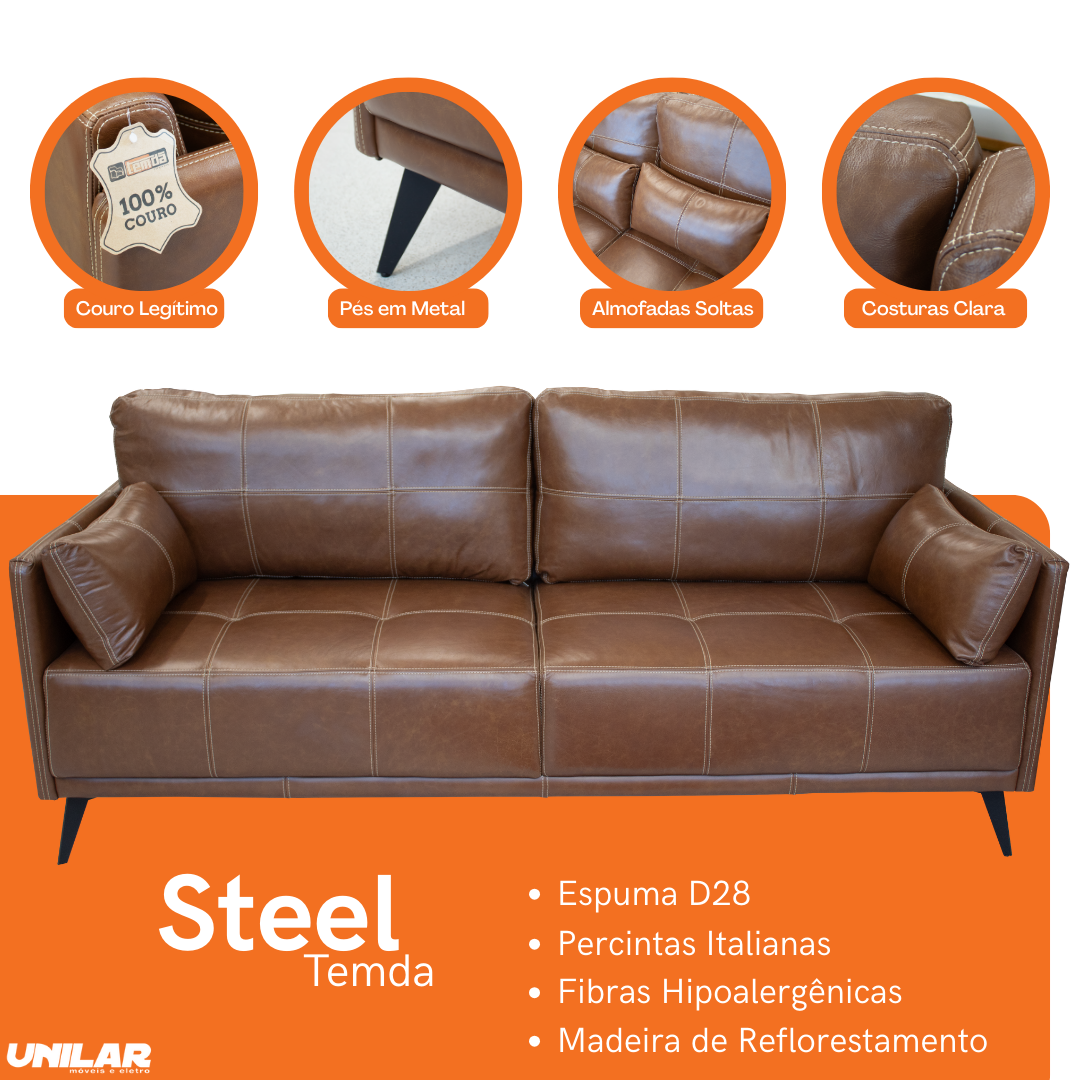Sofá Living Steel 210cm Temda 2 assentos Couro Legítimo Caramelo