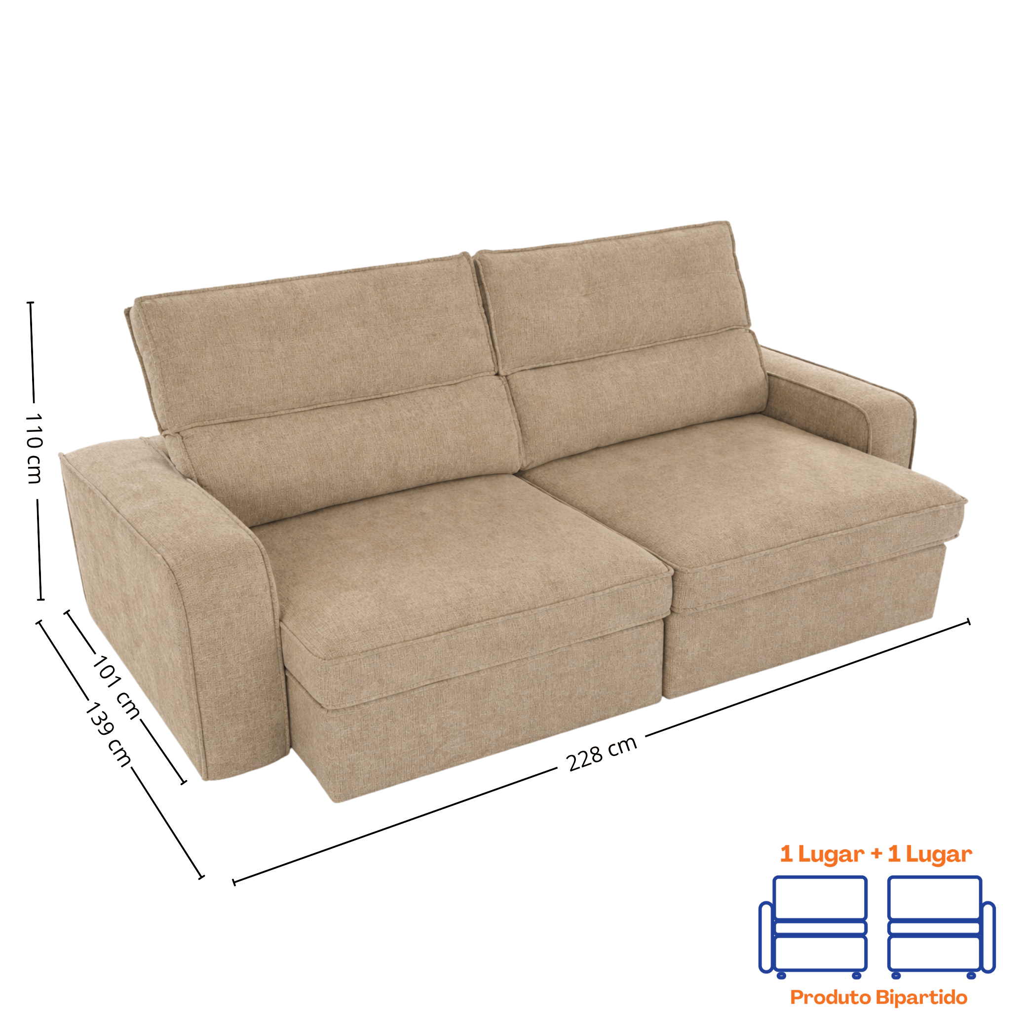 Sofá Perseu 228cm Matielo 2 Assentos Retráteis com Encostos Reclináveis Linho Cappuccino