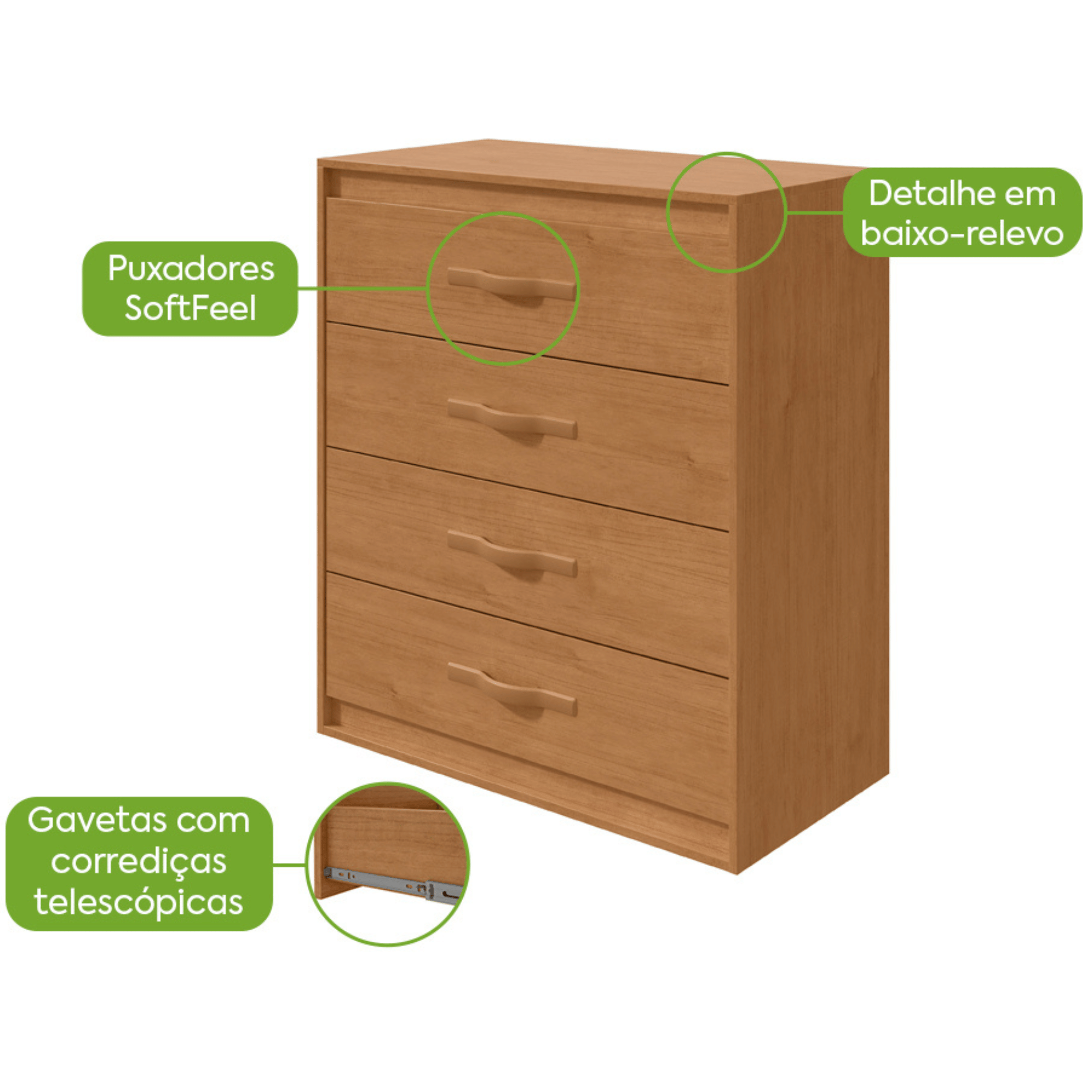 Cômoda Suavitá Lopas 4 Gavetas 89cm Amêndoa Clean