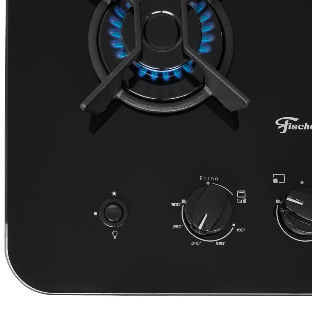 Fogão 4 Bocas Fischer de Embutir Gran Cheff Mesa de Vidro com Dourador 32750 Preto e Silver 220V