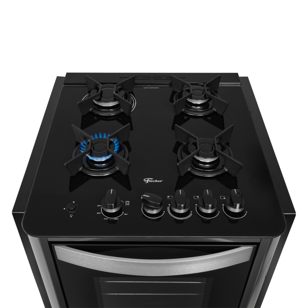 Fogão 4 Bocas Fischer de Embutir Gran Cheff Mesa de Vidro com Dourador 32750 Preto e Silver 220V