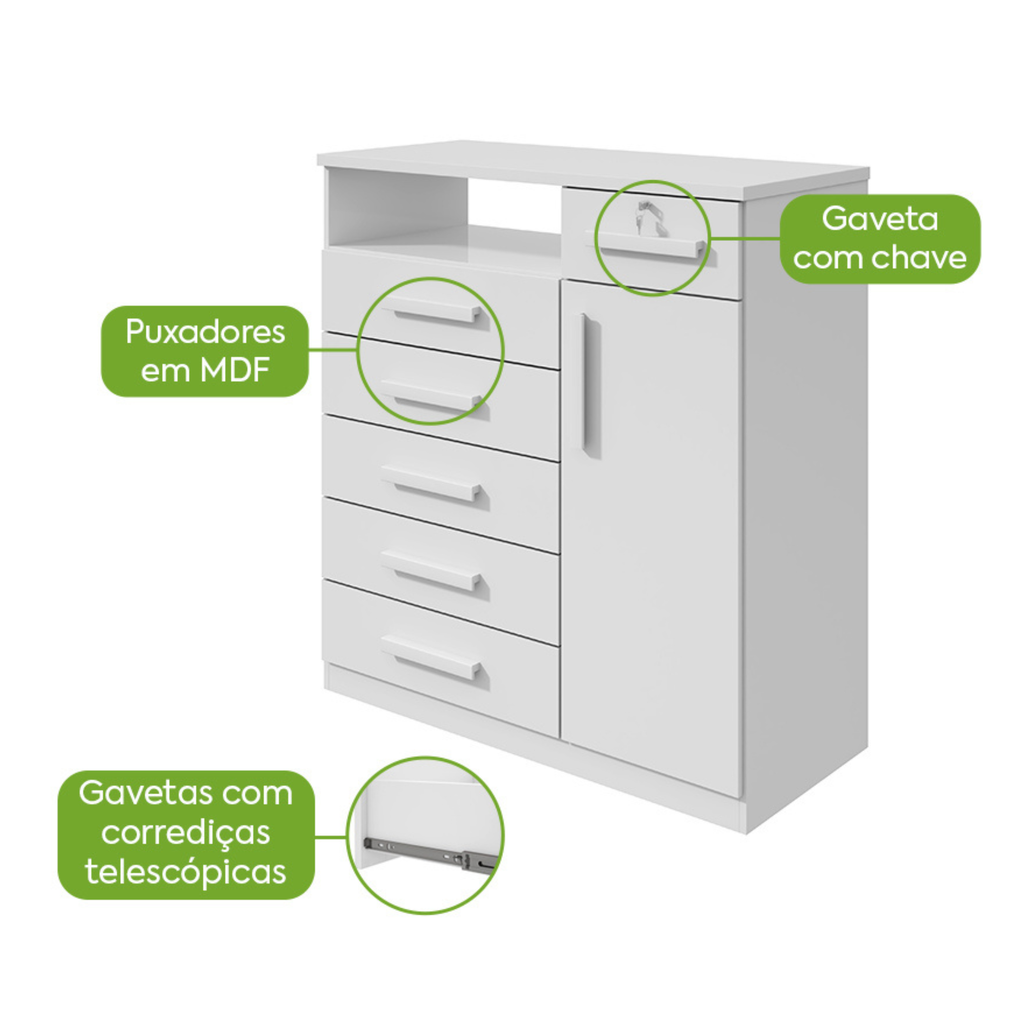 Cômoda Da Vinci Lopas 6 Gavetas e 1 Porta com Puxador em Madeira Branco