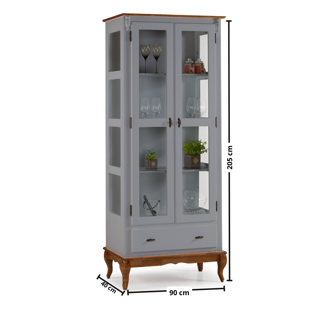 Cristaleira Rústica Linz 90cm 2 Portas e 1 Gaveta Cinza e Imbuia