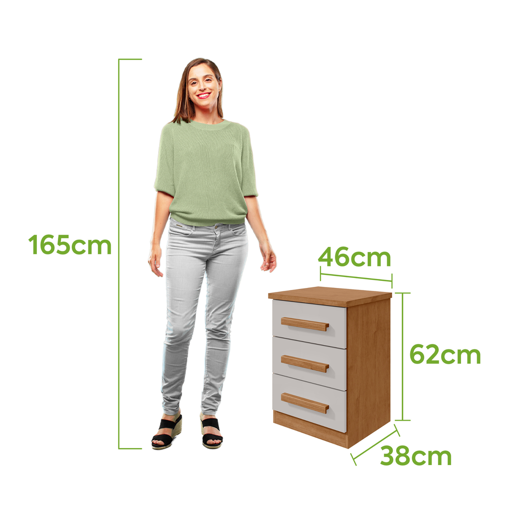 Mesa de Cabeceira Baião Lopas 3 Gavetas Amêndoa e Off White