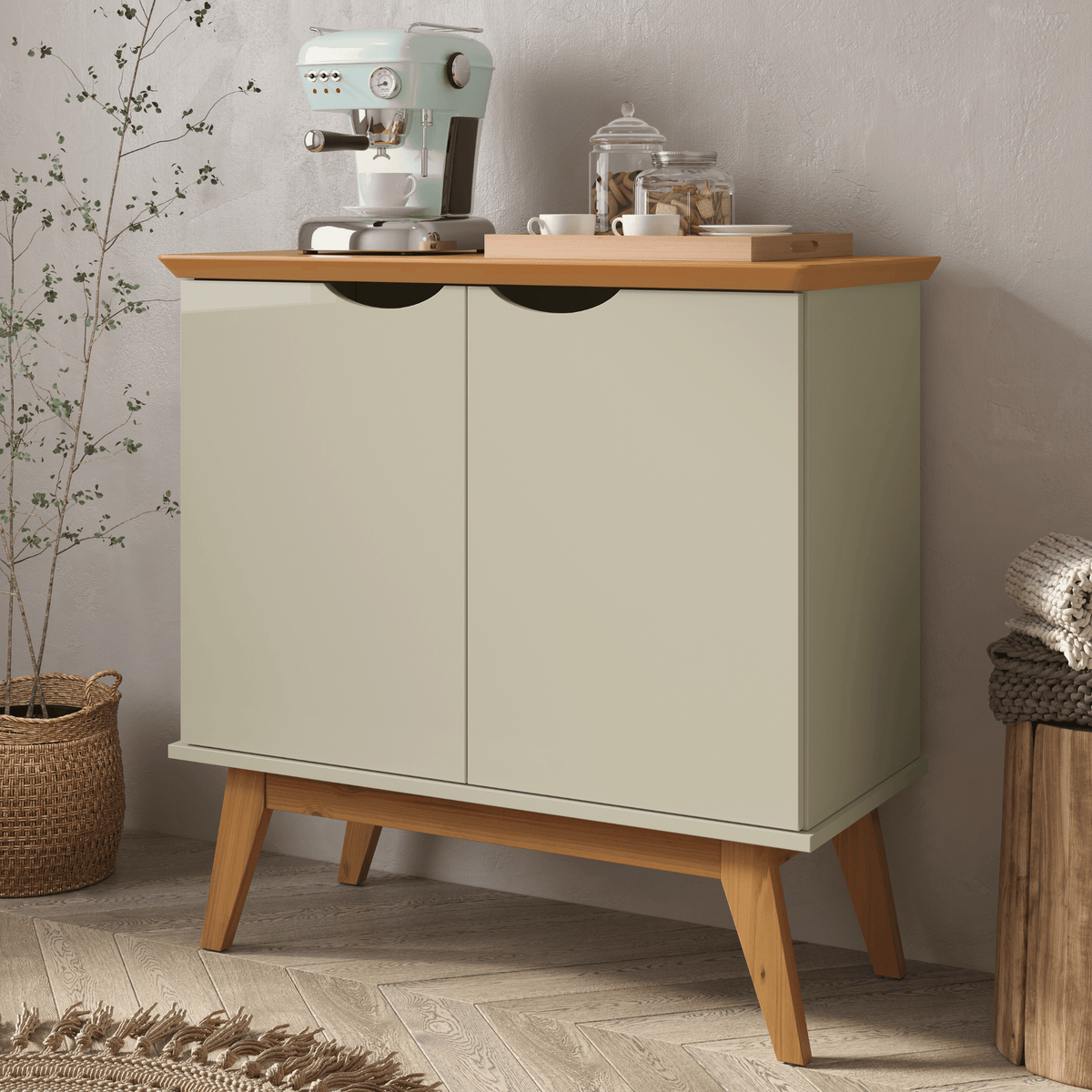 Balcão Buffet Prisma Patrimar 81cm 2 Portas Off White e Cinamomo