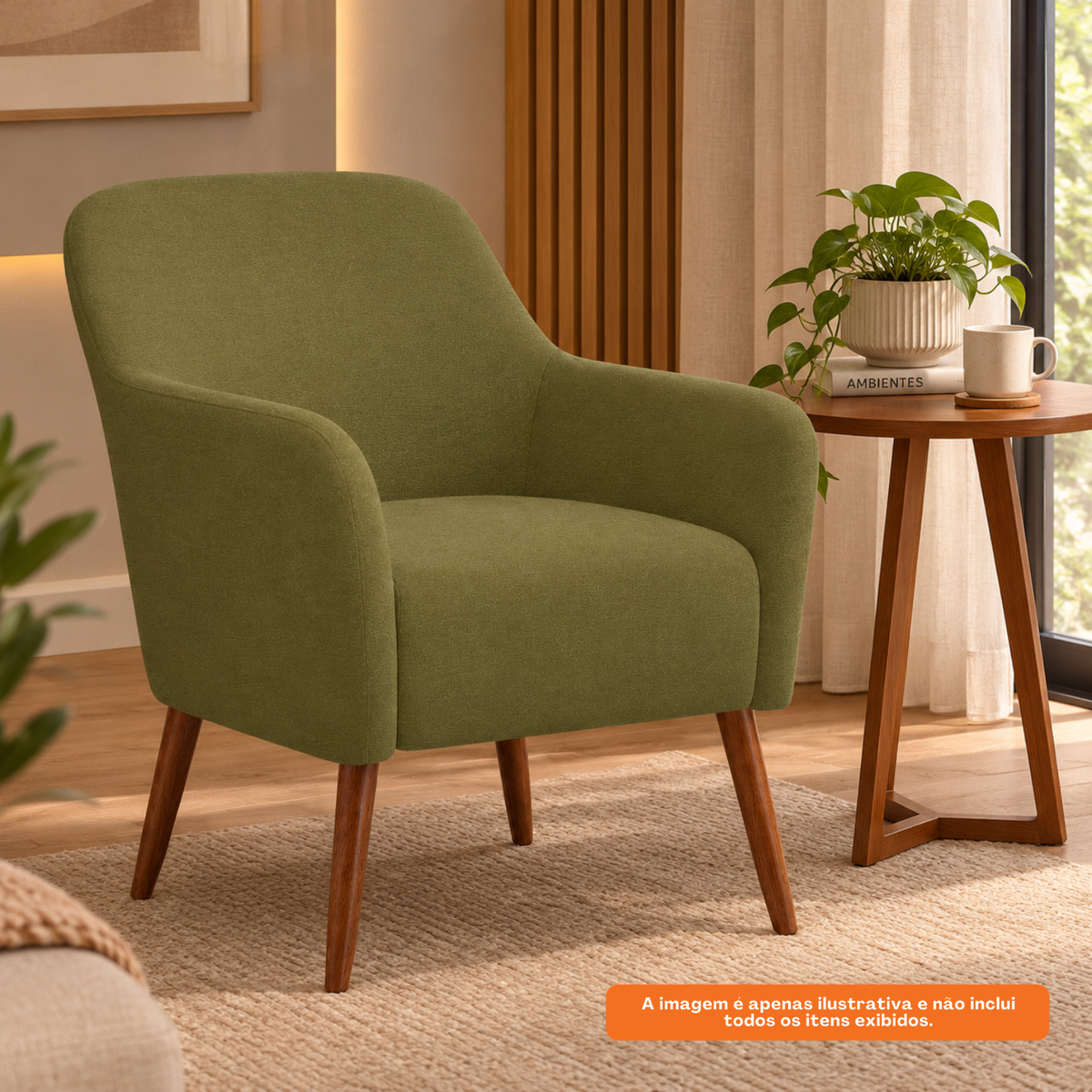 Poltrona La Paz 78cm Konfort Pés Palito Castanho Veludo Verde Oliva