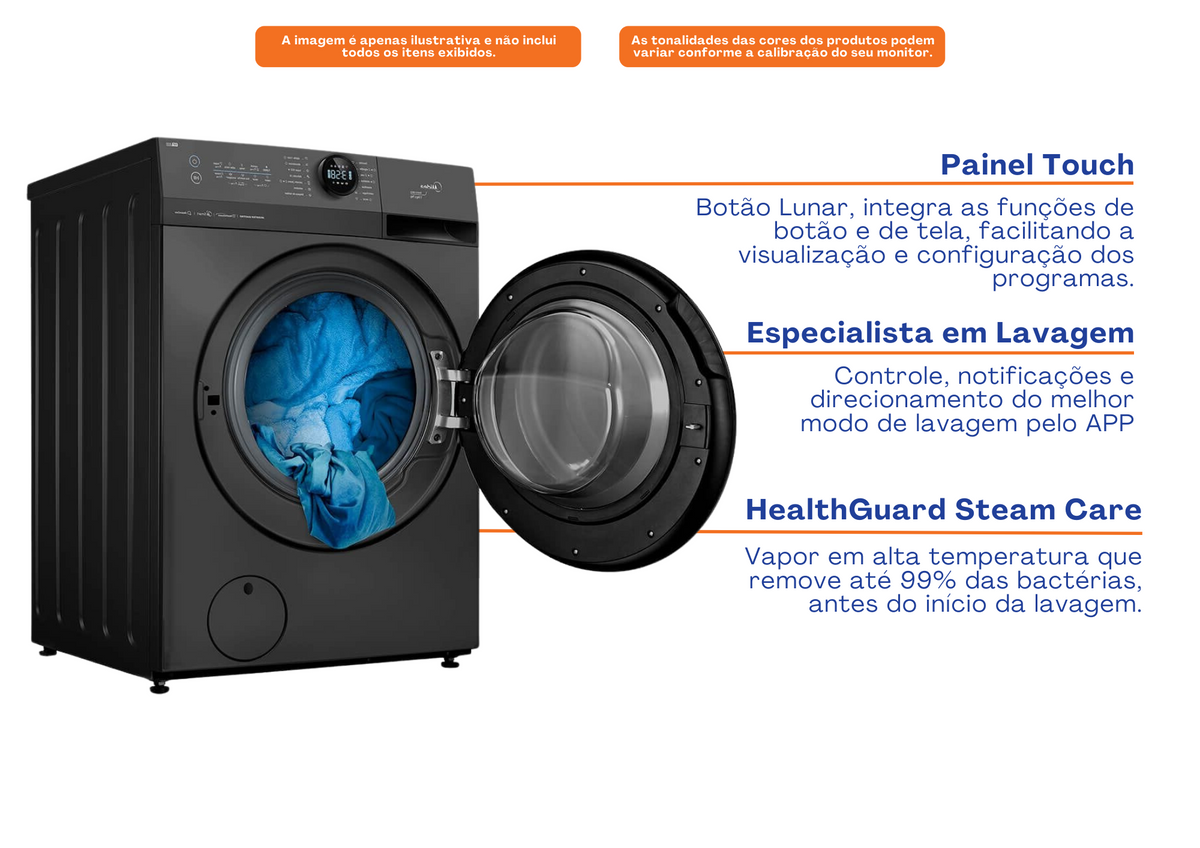 Lavadora de Roupas Midea 11KG MF200W110WB HealthGuard Smart Motor Inverter Titanium 220V
