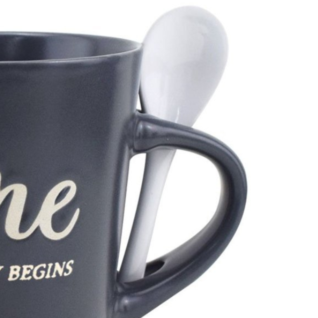 Caneca em Cerâmica White Spoon Full-Fit 320ml com Colher Cinza
