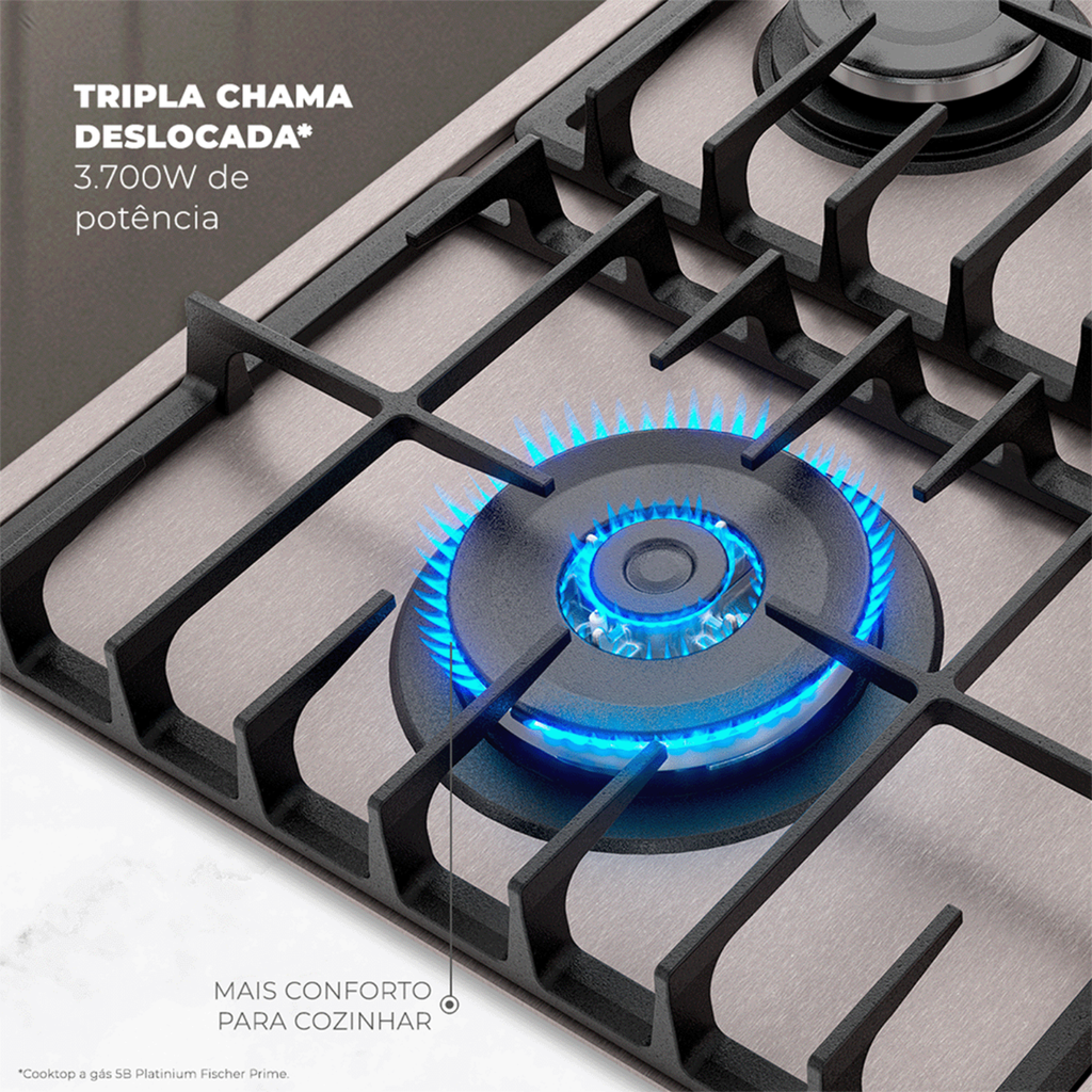 Cooktop à Gás Fischer 5 Bocas Platinium Prime Tripla Chama Inox Bivolt