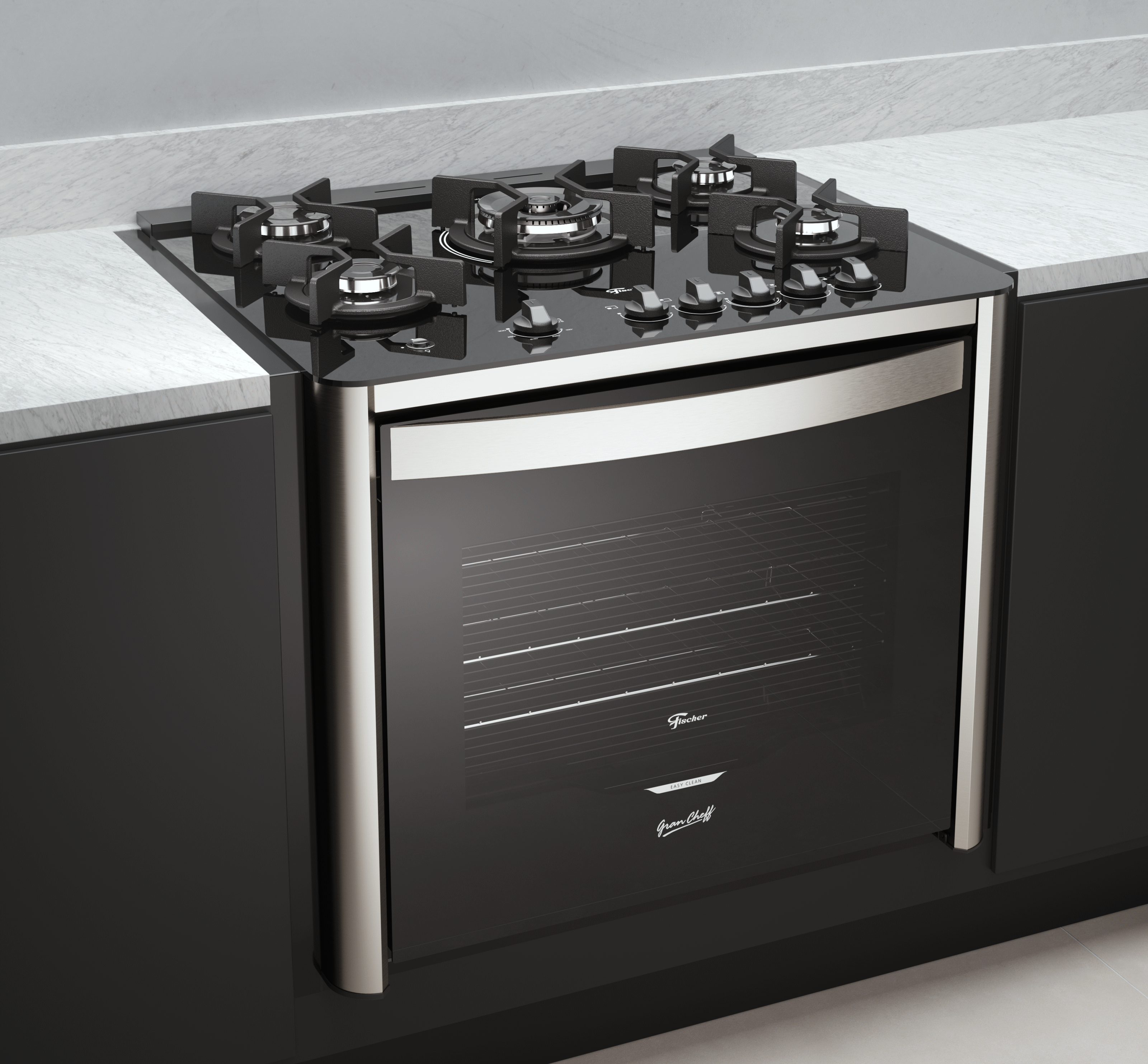 Fogão 5 Bocas Fischer de Embutir Gran Cheff Tripla Chama Mesa de Vidro com Dourador 28550-65541 Inox 220V