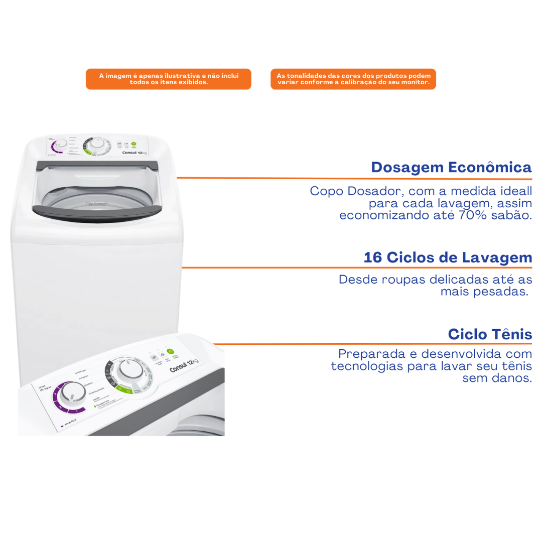 Lavadora de Roupas Consul 12Kg CWH12BB Dosagem Econômica e Ciclo Edredom Cesto Inox Branco 220V