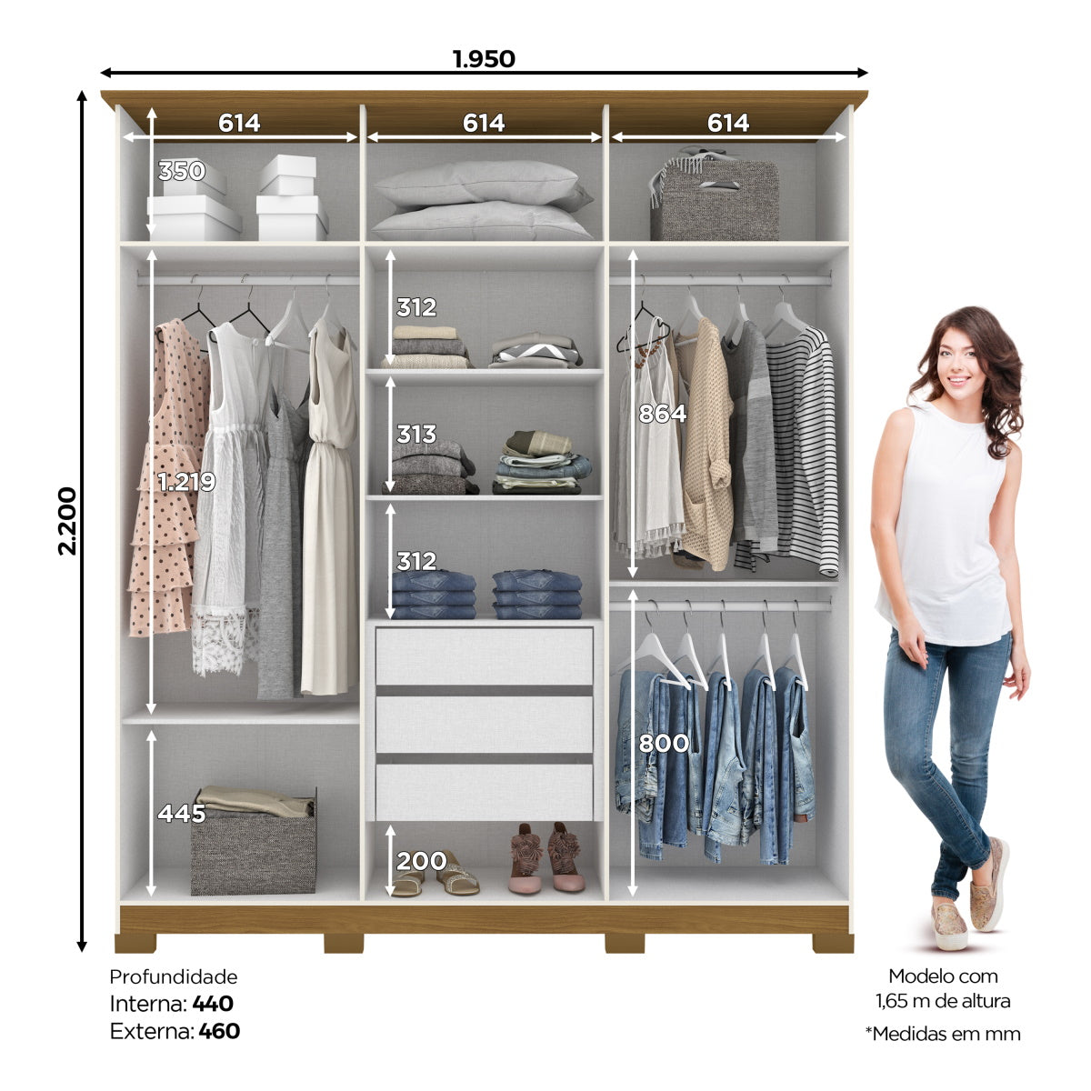Roupeiro Cover Henn 195cm 6 Portas Off White/Nature