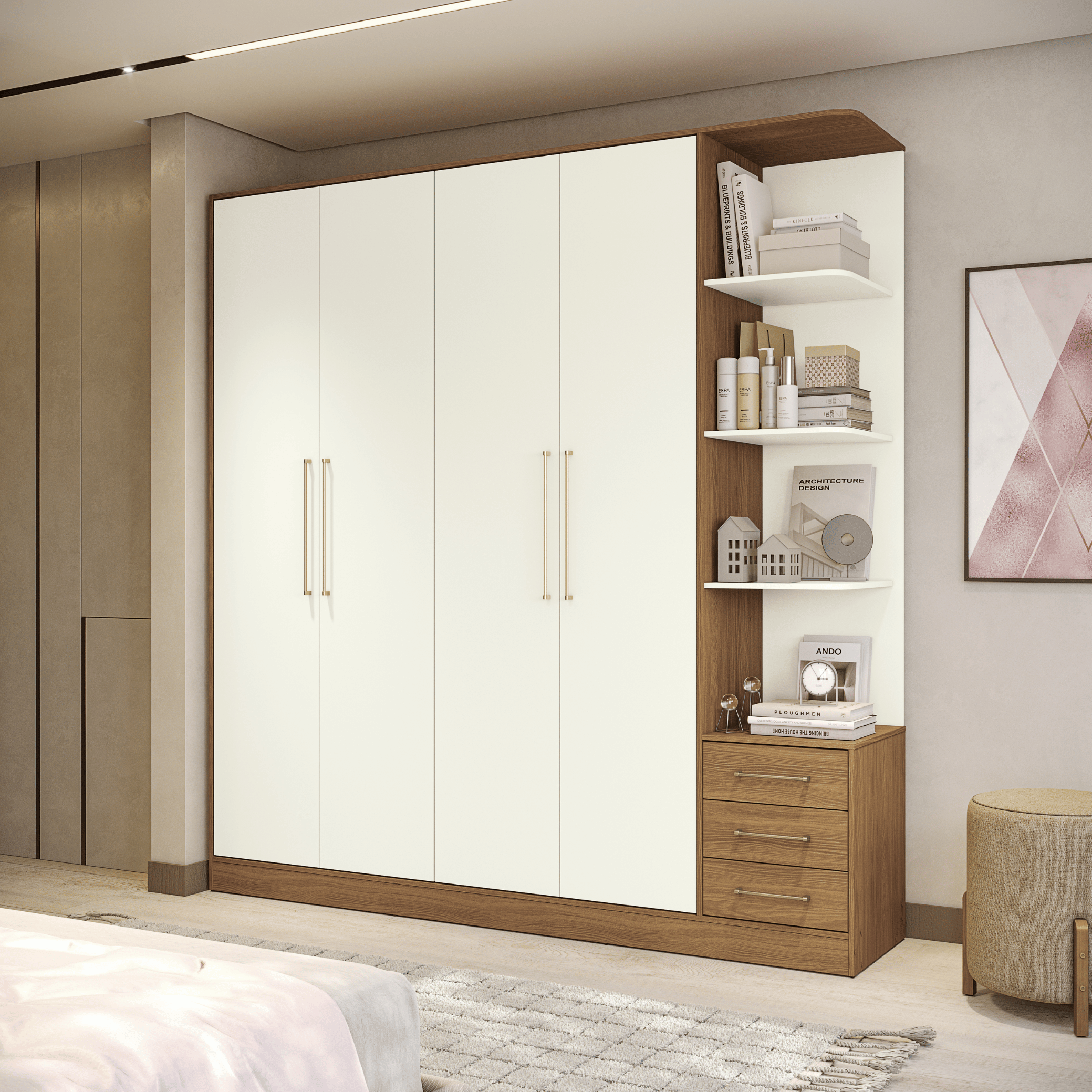 Roupeiro T593 Kappesberg 220cm 4 Portas 3 Gavetas e Nichos Canela e Off White