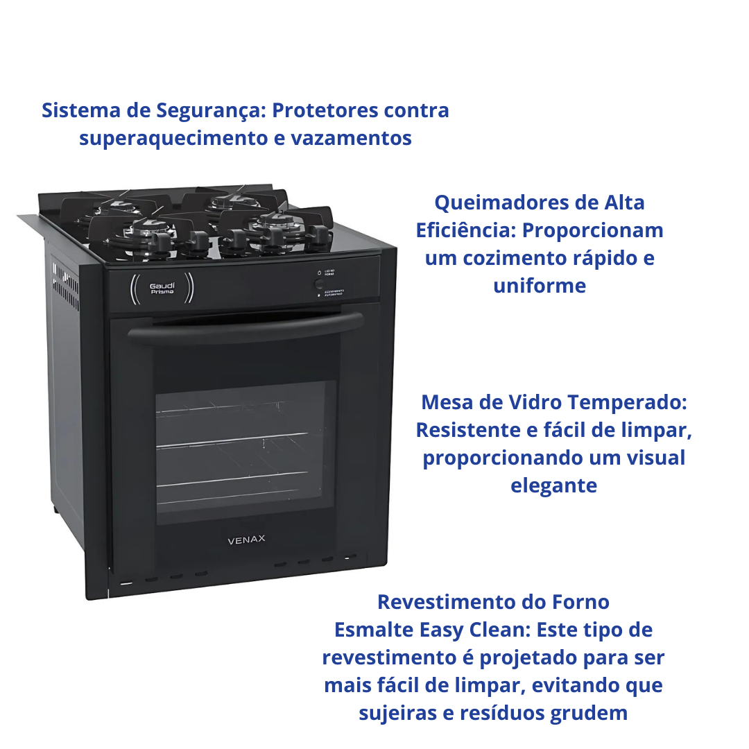 Fogão 4 Bocas Venax de Embutir Gaudi Prisma Vitreo Grades Individuais Preto Bivolt