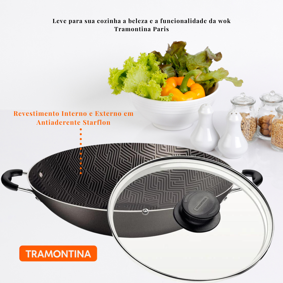 Panela Wok Paris Tramontina em Alumínio 4,4 L  Starflon Max Tampa de Vidro