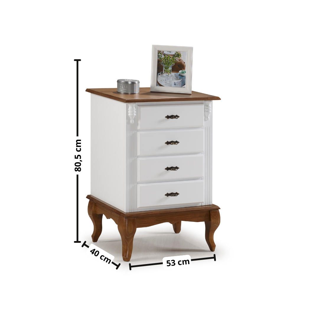 Mesa de Cabeceira Rústica 53cm Linz 60404 4 Gavetas Branco e Imbuia