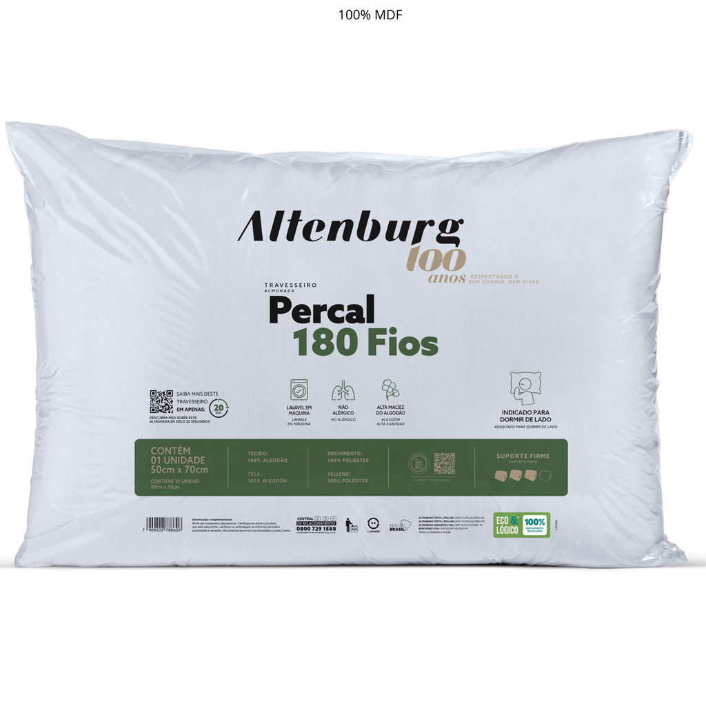 Travesseiro Altenburg 50x70cm 180 fios 100 anos Branco