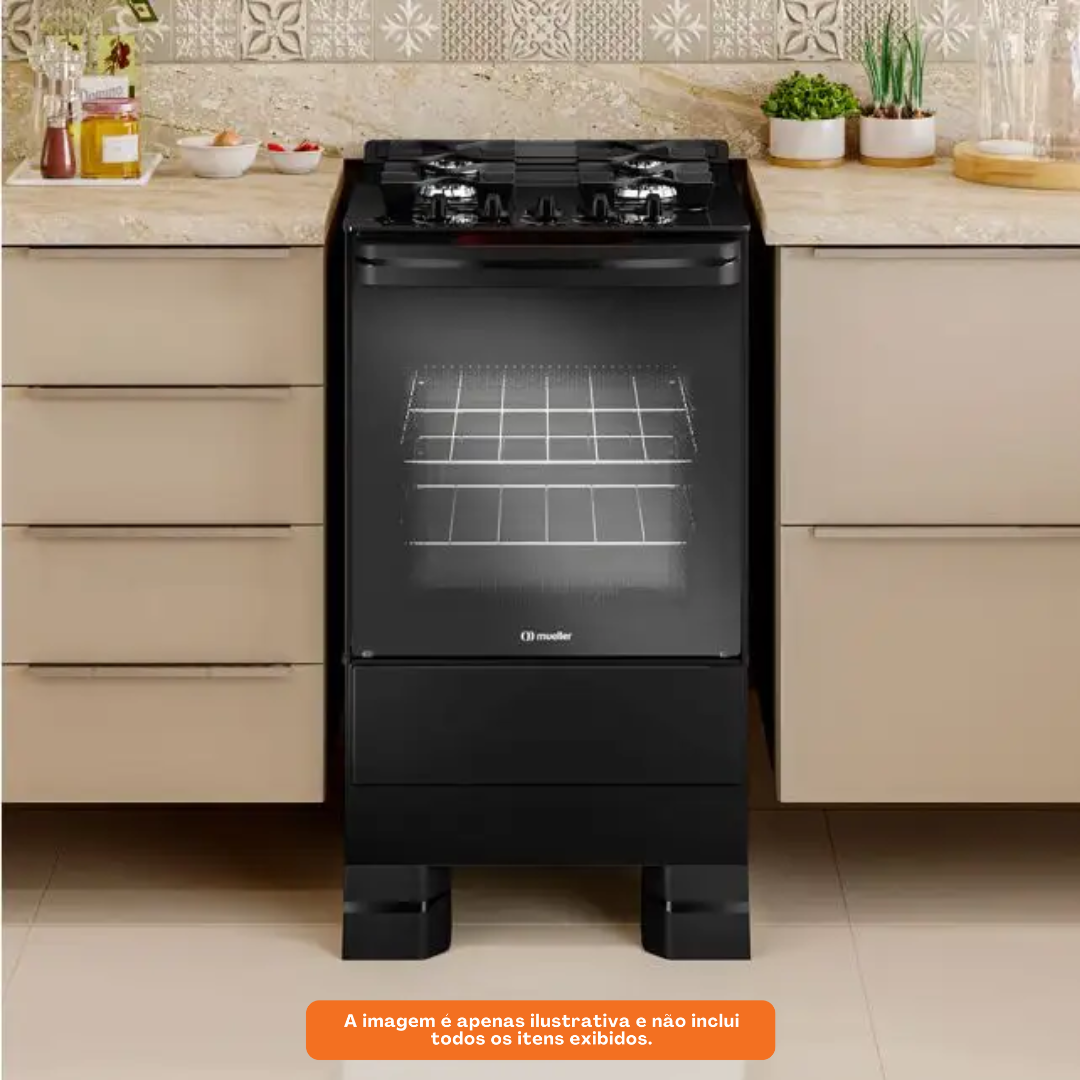 Fogão 4 bocas Mueller MFV4BF com Mesa de Vidro e grades de Ferro Fundido Preto Fosco Bivolt