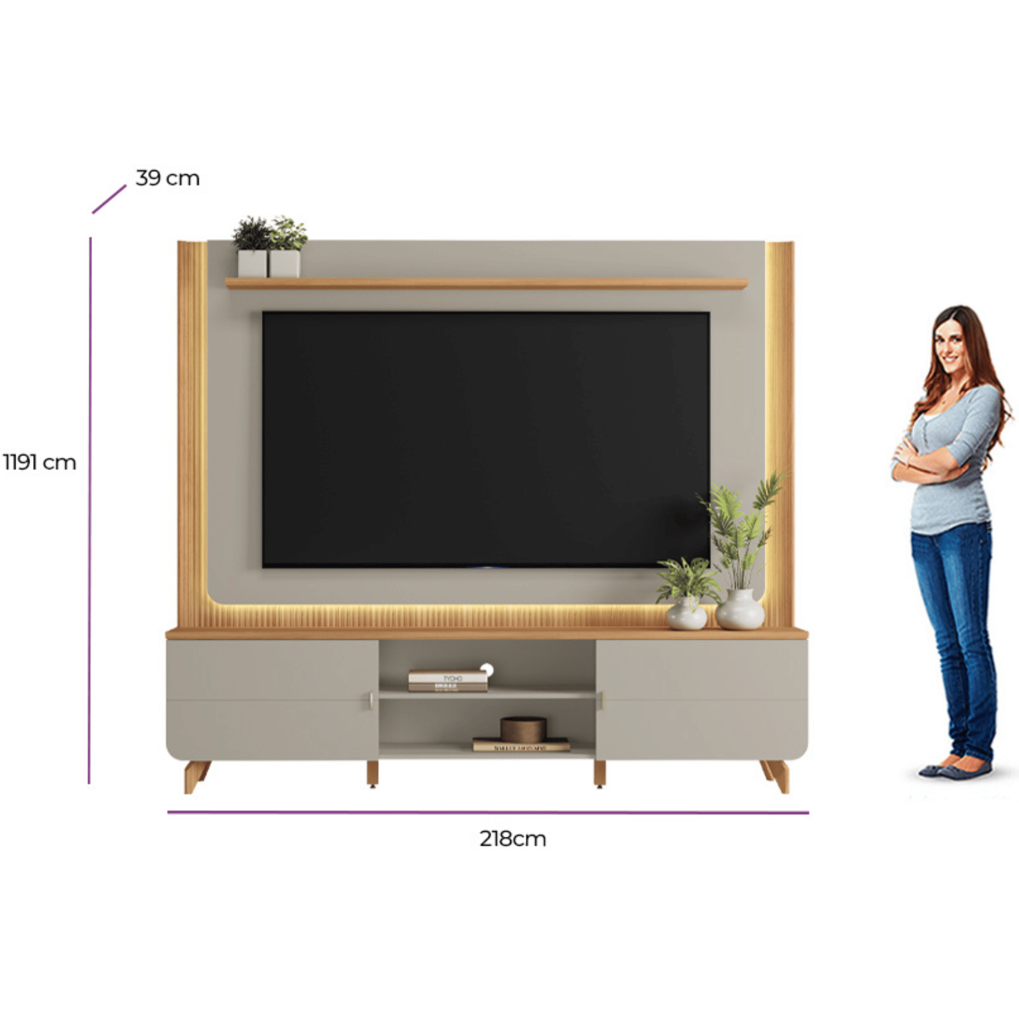 Home Milano 218cm Linea com Led Canela e Gris Fosco