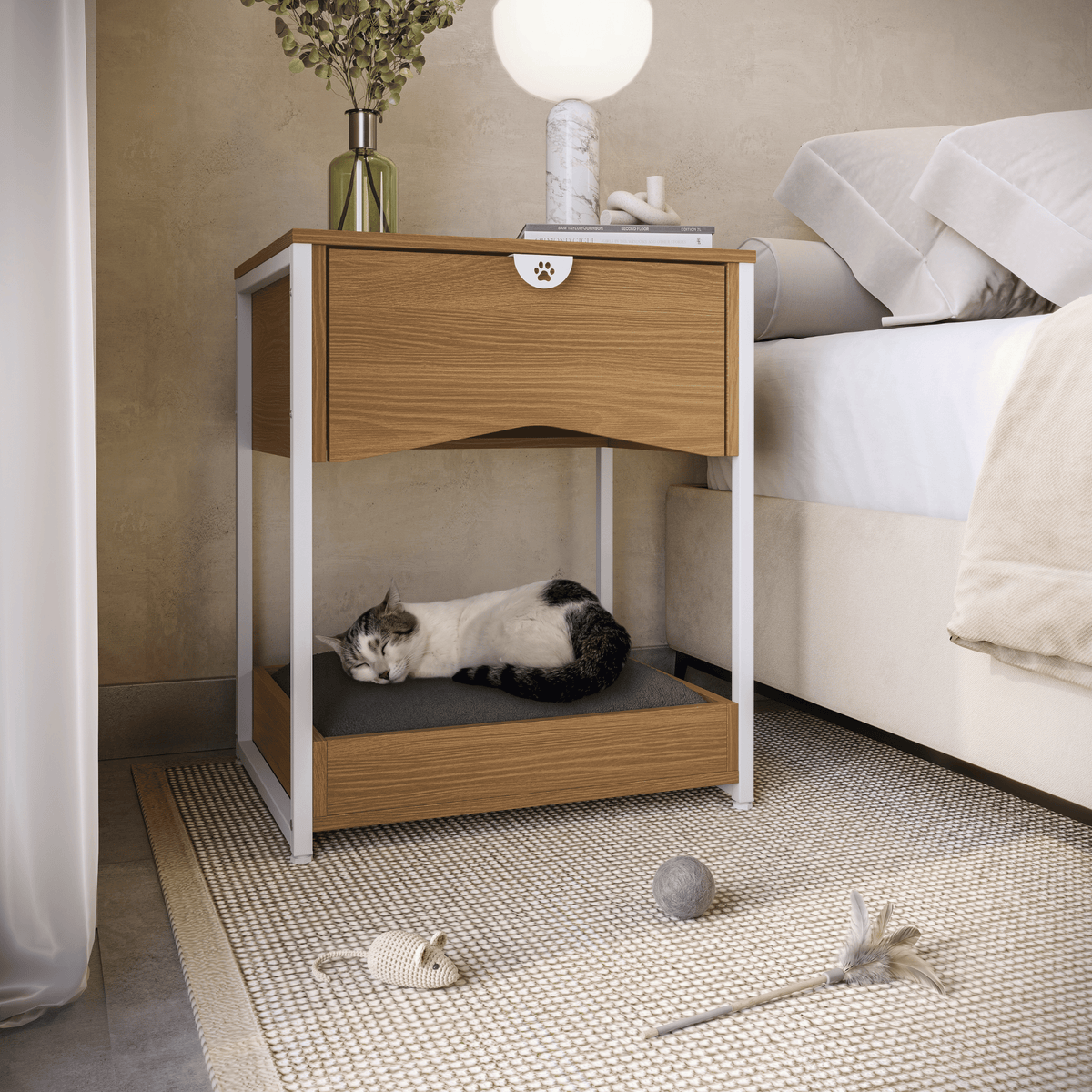 Mesa de Cabeceira com Cama Pet Kappesberg 1 Gaveta Canela e Branco