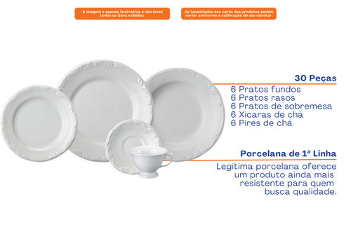 Aparelho de Jantar e Chá Pomerode 1ª Linha Schmidt 30 Peças Branco