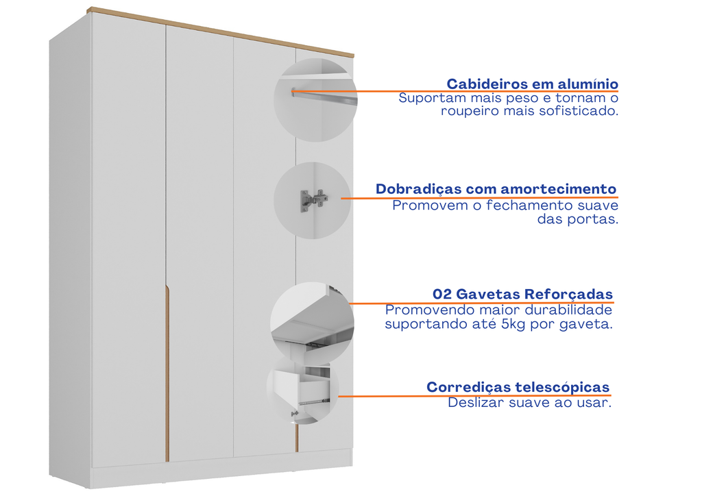 Roupeiro Logan 100% MDF Mambel 160cm 4 Portas Branco e Olmo