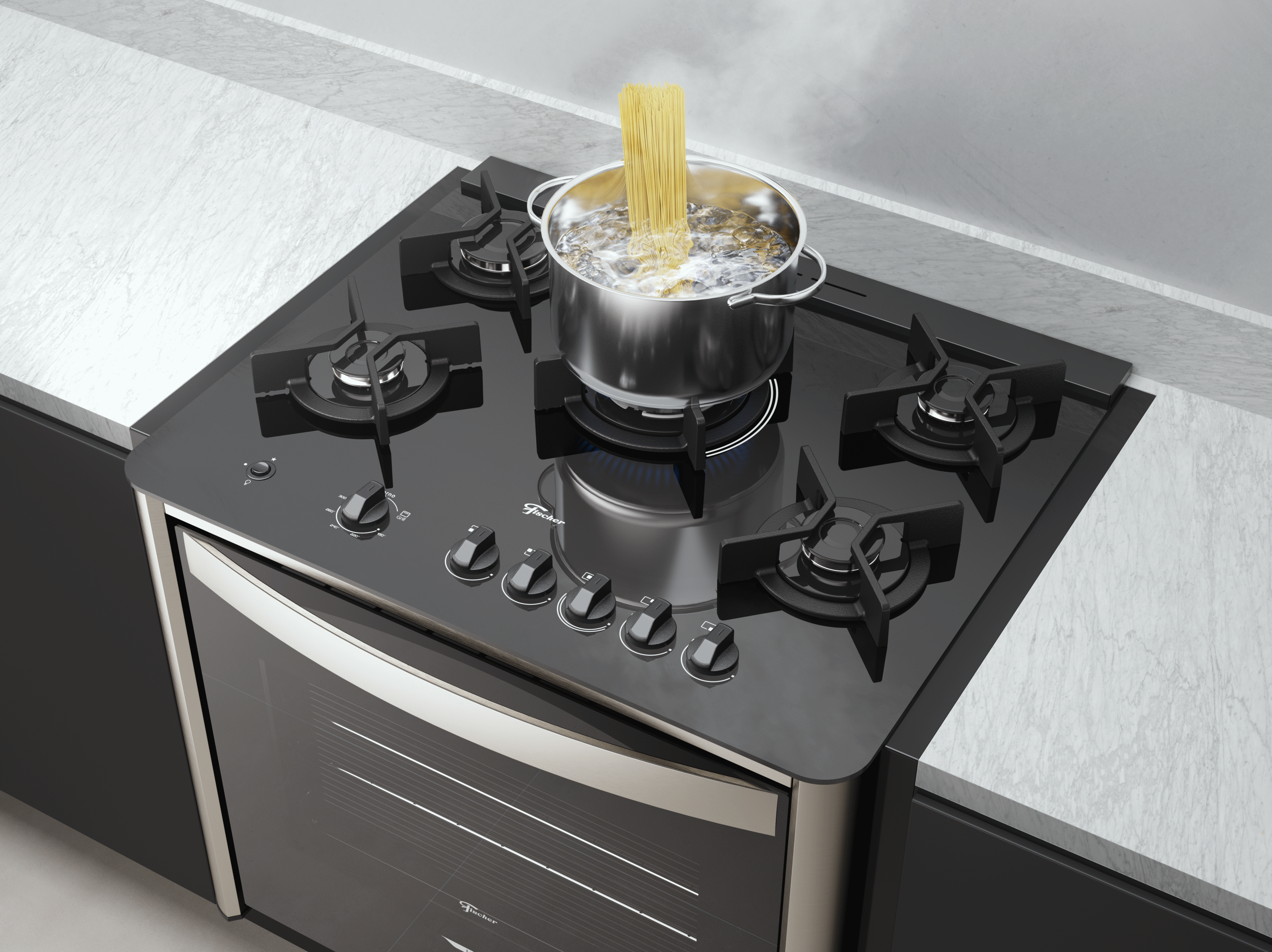 Fogão 5 Bocas Fischer de Embutir Gran Cheff Tripla Chama Mesa de Vidro com Dourador 28550-65541 Inox 220V