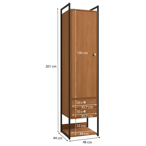 Armário Industrial Closet LI051 Kappesberg 48cm 1 Porta 2 Gavetas Canela e Preto Fosco