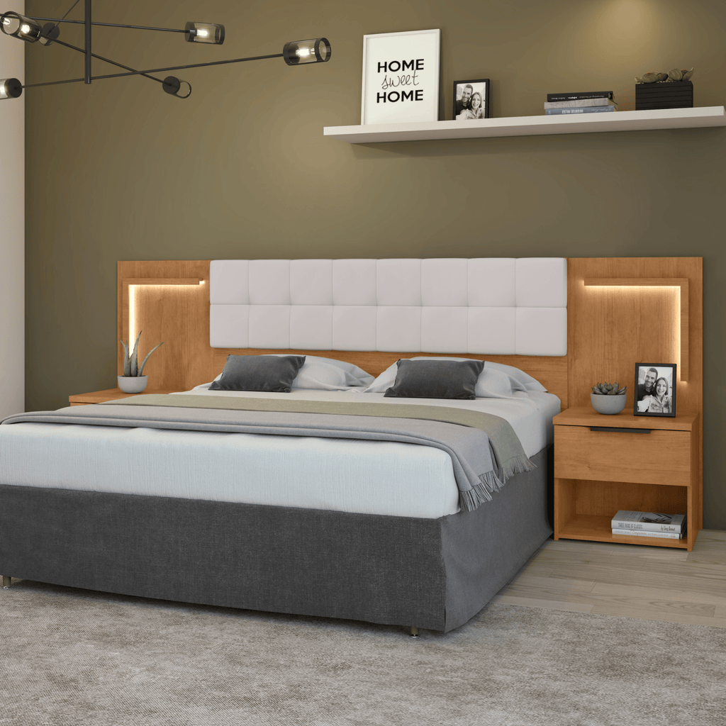 Cabeceira Calitan Queen Lopas 158cm com Mesas Laterais e Led Amêndoa e Off White