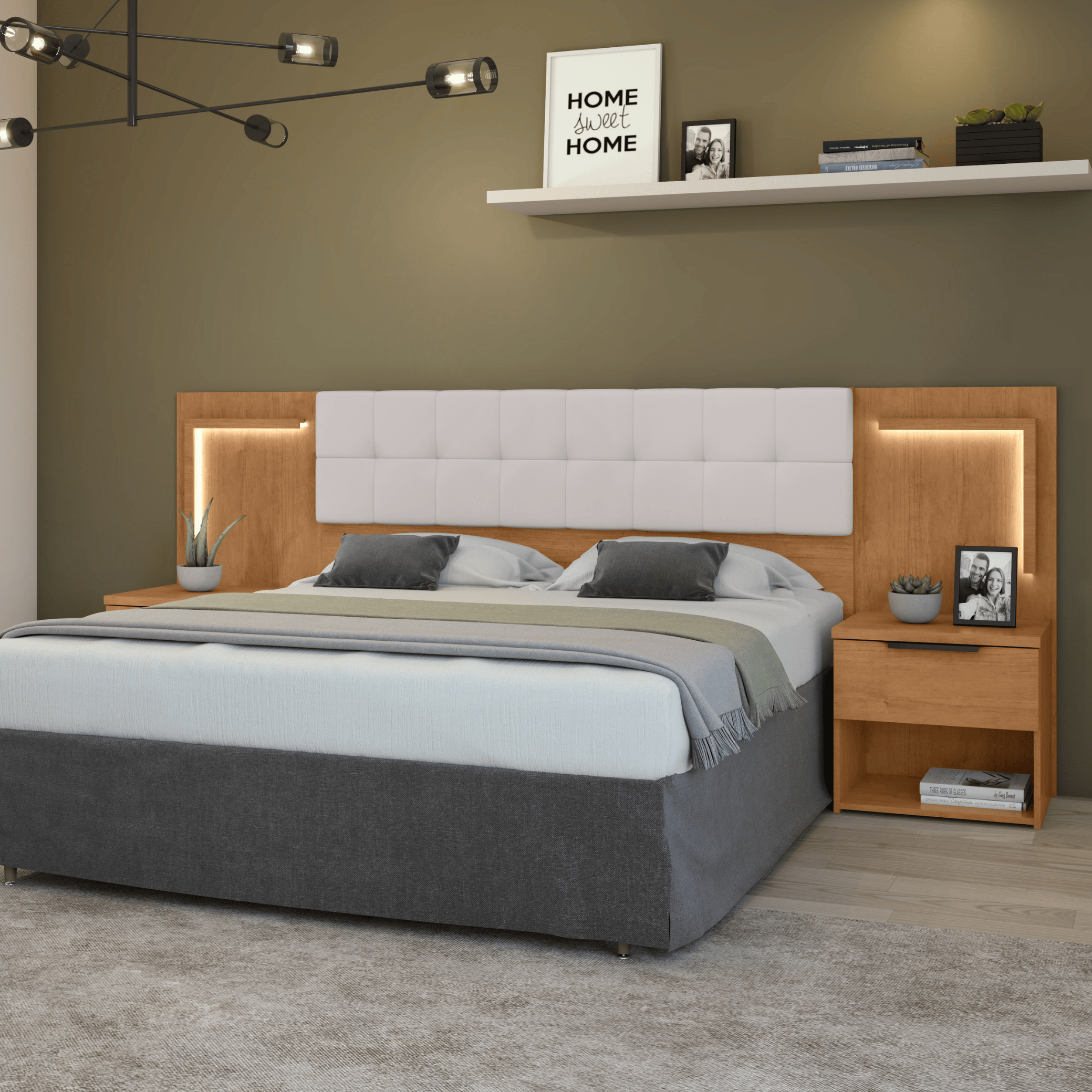 Cabeceira Calitan Queen Lopas 158cm com Mesas Laterais e Led Amêndoa e Off White