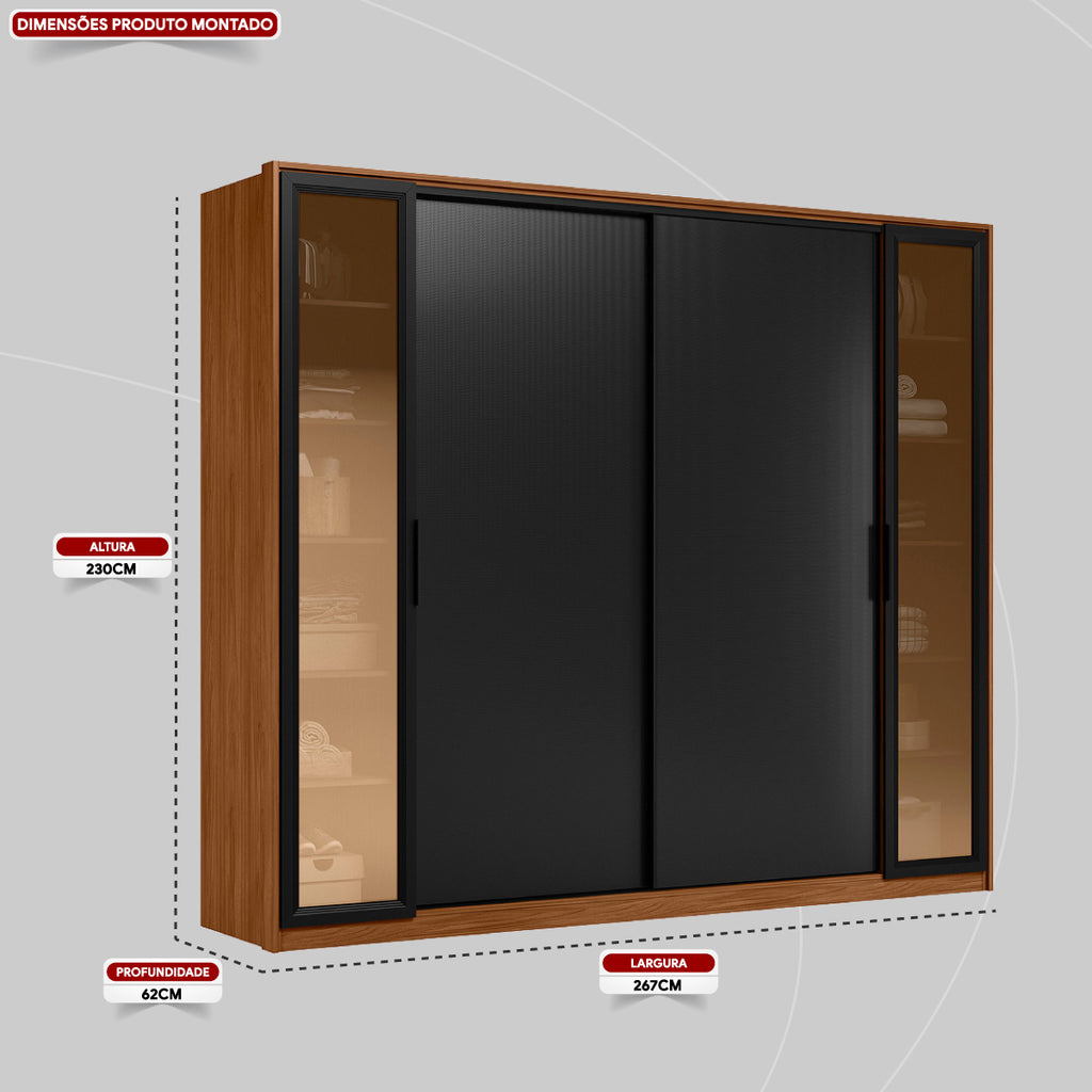 Roupeiro Laredo Demóbile 267cm 4 Portas 4 Gavetas Flex  Nogueira/Preto
