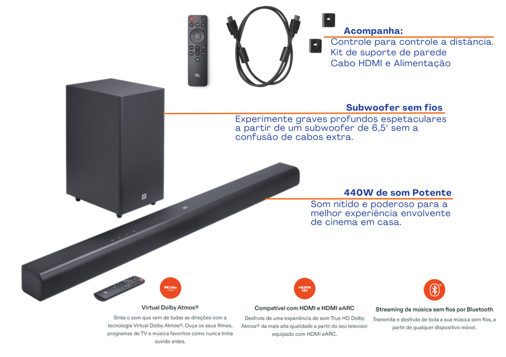 Soundbar JBL Cinema 3.1 SB580 220W RMS Bluetooth e Som 3D Bivolt