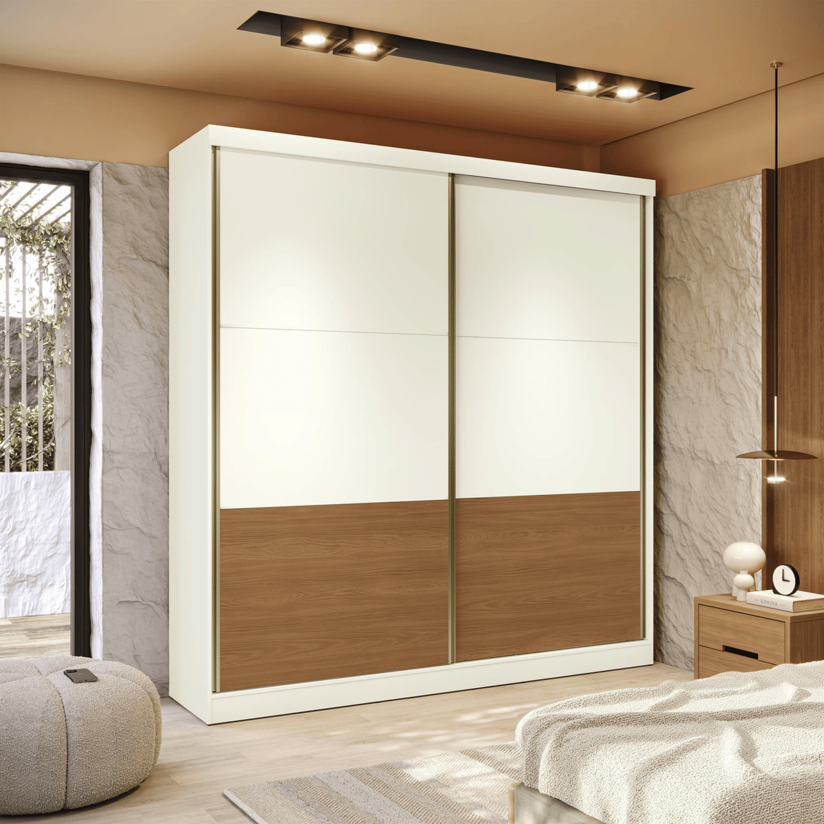 Roupeiro T592 Kappesberg 220cm 2 Portas Correr Flex Off White e Canela