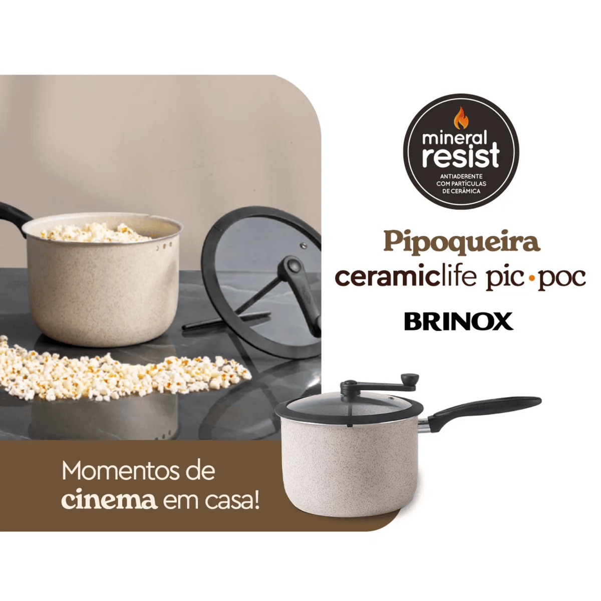 Panela Pipoqueira Ceramic Life Pic Poc Brinox 5,5L Antiaderente Vanilla