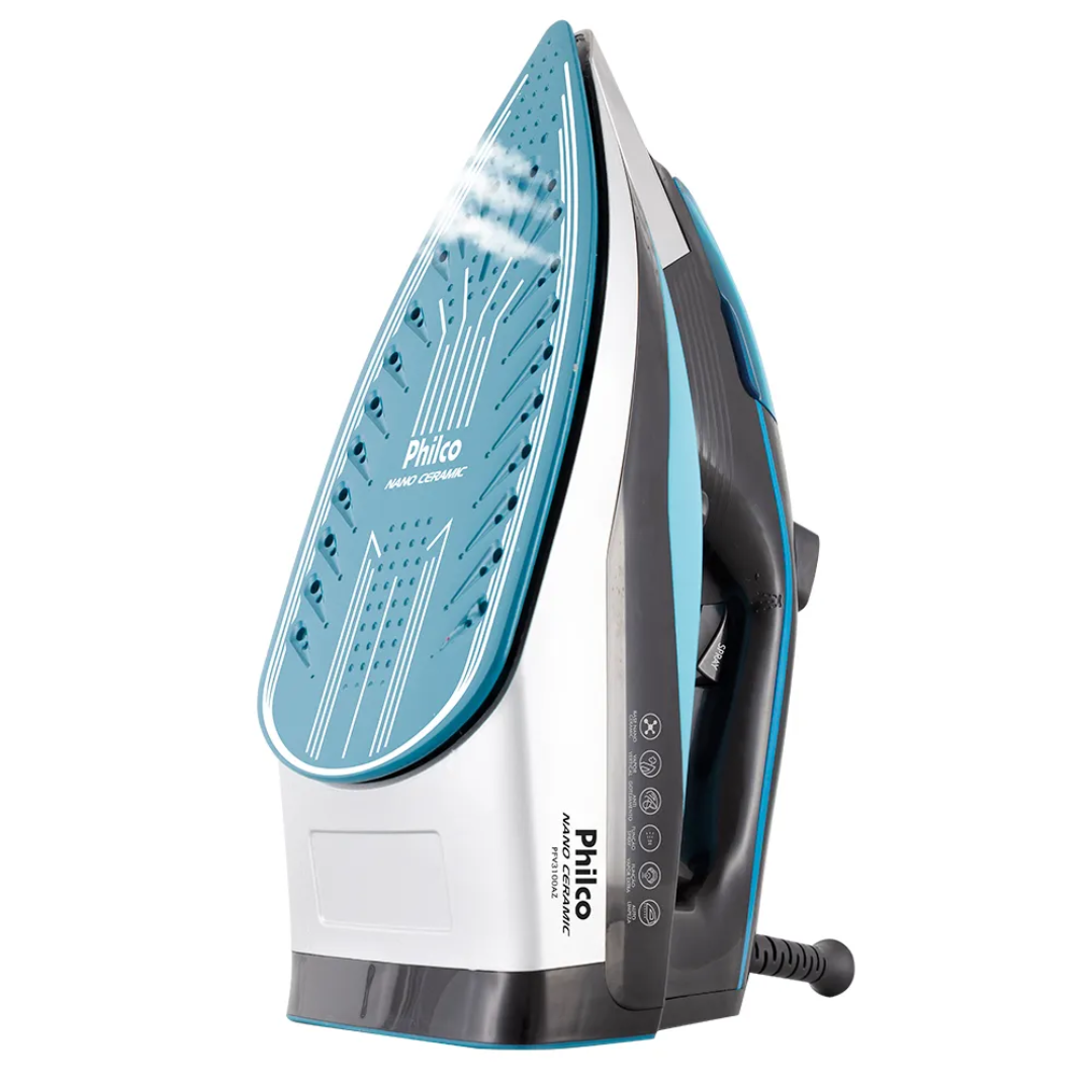 Ferro de Passar a Vapor e Seco Philco Nano Ceramic Base em Cerâmica Azul 220V