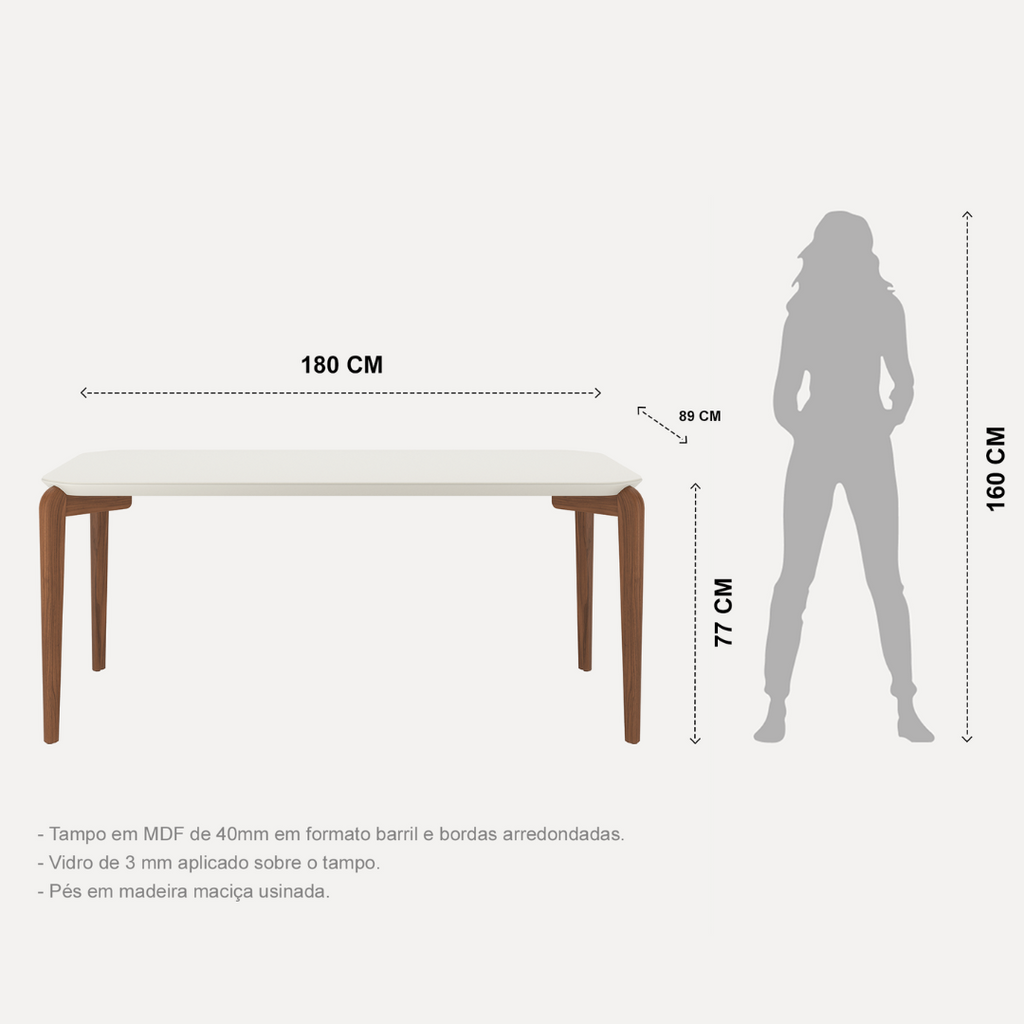 Mesa Retangular Donatella Província 180x90cm Natural Tampo Vidro Off White