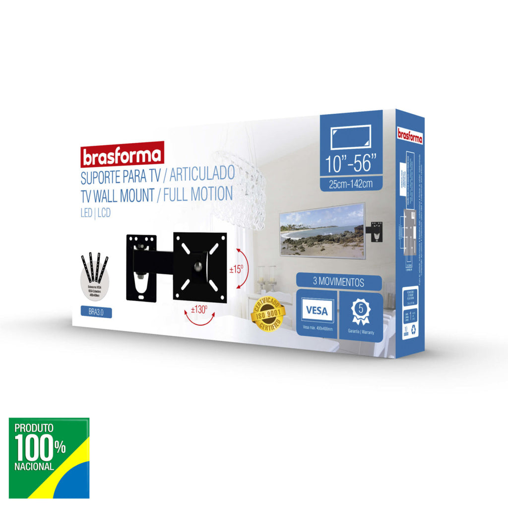 Suporte de Parede Articulado Brasforma BRA3.0 para TVs de 10 a 56" LCD, LED, Plasma e 3D Preto