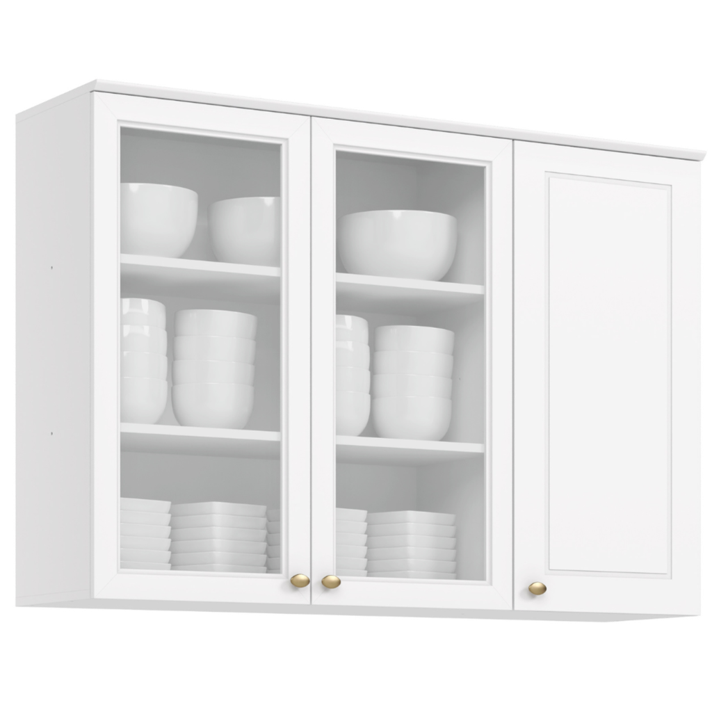 Armário Aéreo de Cozinha Americana Henn 100% MDF 3 Portas de Vidro 120cm Branco HP