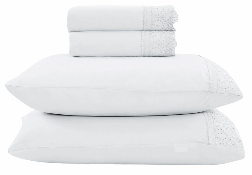 Jogo de Roupa de Cama King 4 Peças Hedrons Rendas Toque de Algodão Branco