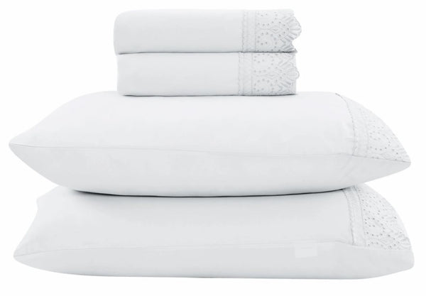 Jogo de Roupa de Cama King 4 Peças Hedrons Rendas Toque de Algodão Branco